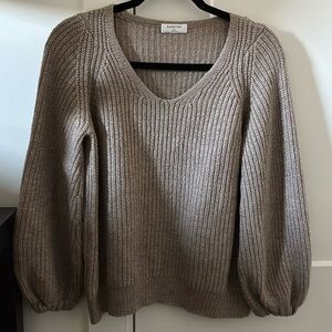 Babaton Wool Taupe Ribbed V-Neck Balloon Sleeve Sweater